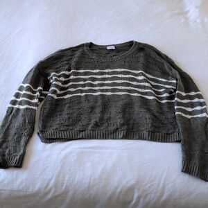 CAbi Green and White Crew Neck Sweater with Stripes